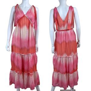 Adelyn Rae Women Size M Pink Coral Tie Dye Chiffon Ruffle Tiered Midi NEW Dress
